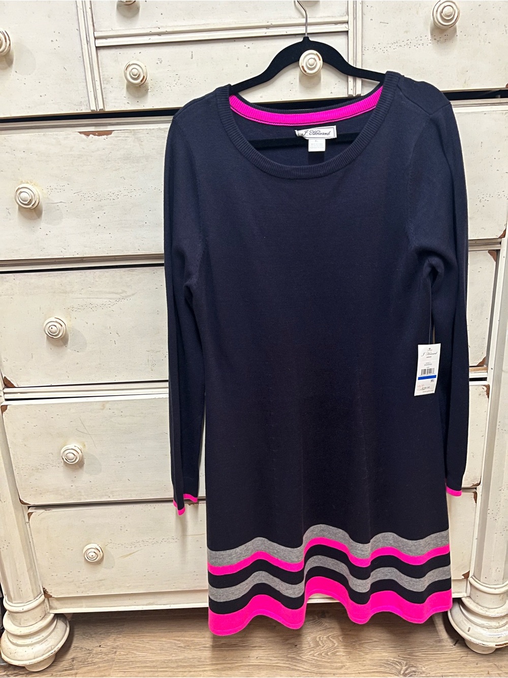 J. Howars Navy Blue Crewneck Sweater Dress with Pink & Gray Stripe Hem